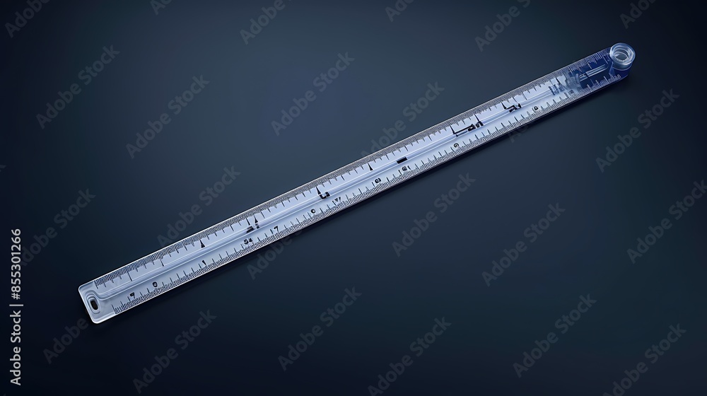 Transparent plastic ruler with blue markings. The ruler is 24 centimeters long and has a hole at one end. It is lying flat on a dark blue surface. Transparent plastic ruler with blue markings. The ruler is 24 centimeters long and has a hole at one end. It is lying flat on a dark blue surface.