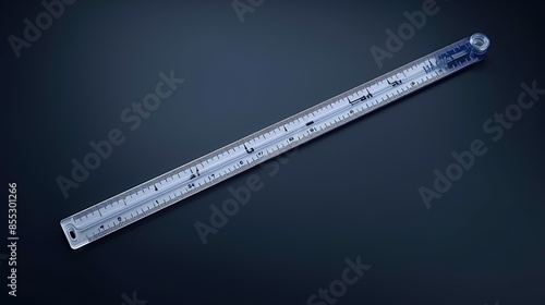 Transparent plastic ruler with blue markings. The ruler is 24 centimeters long and has a hole at one end. It is lying flat on a dark blue surface.