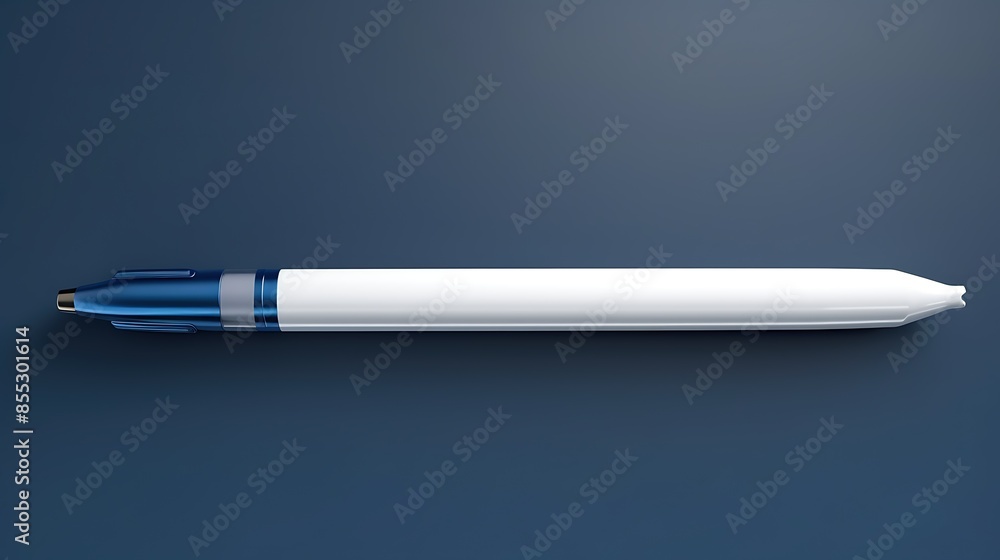 A sleek and stylish white pen with a blue grip. The pen is lying on a blue surface. A sleek and stylish white pen with a blue grip. The pen is lying on a blue surface.