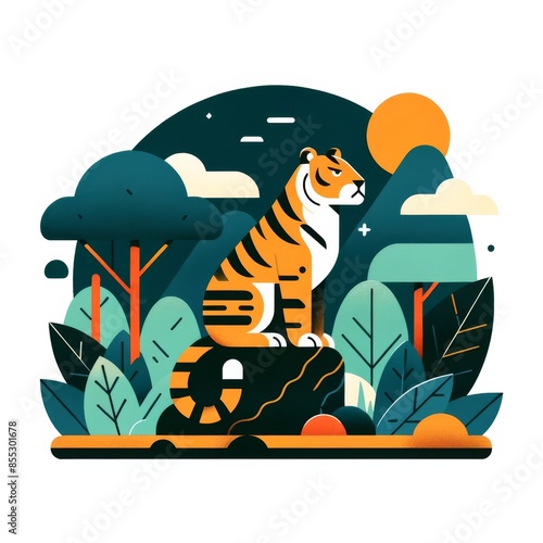 Cartoon Tiger Sitting in Jungle with Trees and Sun