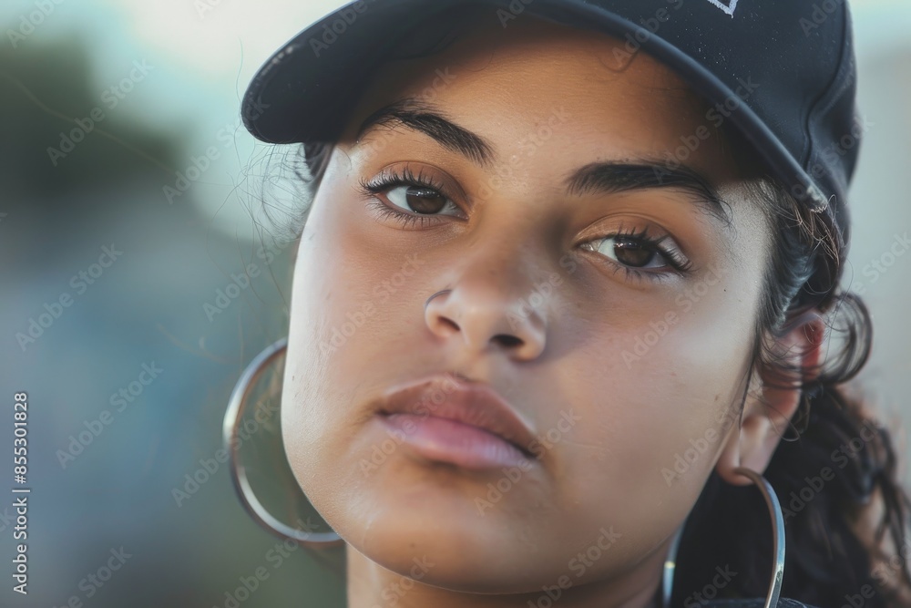 Young woman wearing a black cap is posing outdoors