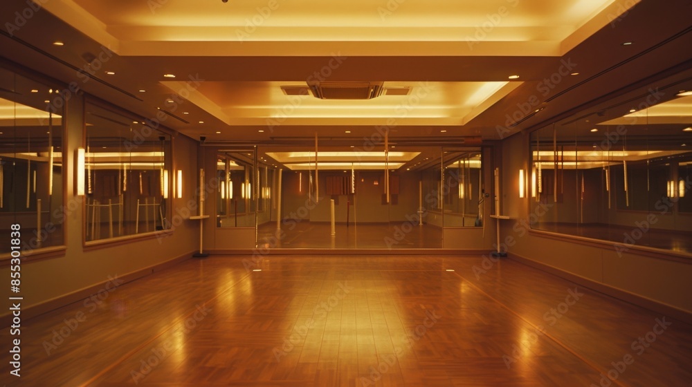 This image shows an empty dance studio with mirrored walls and a wooden floor. The studio is lit by overhead lights and wall sconces. This image shows an empty dance studio with mirrored walls and a wooden floor. The studio is lit by overhead lights and wall sconces.