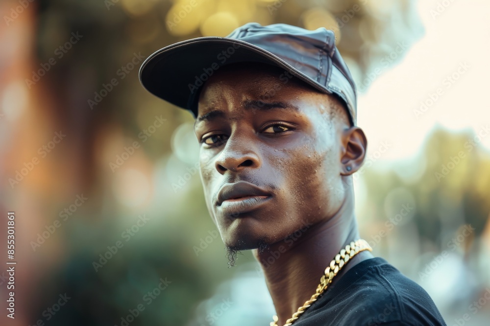 Serious young man wearing a baseball cap and gold chain Serious young man wearing a baseball cap and gold chain