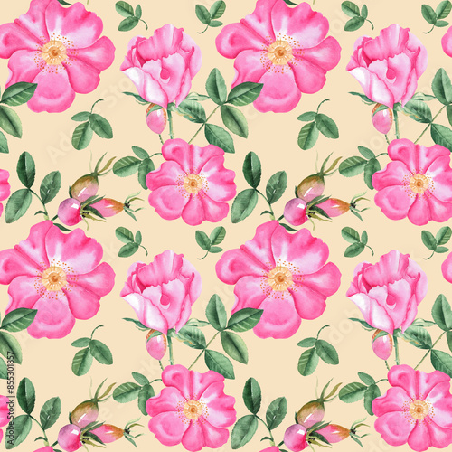 Dog rose Floral Watercolor seamless pattern on beige background. Hand drawn botanical illustration. Rose hip flowers, buds, branches and berries. Can be used for fabric, textile, packaging prints