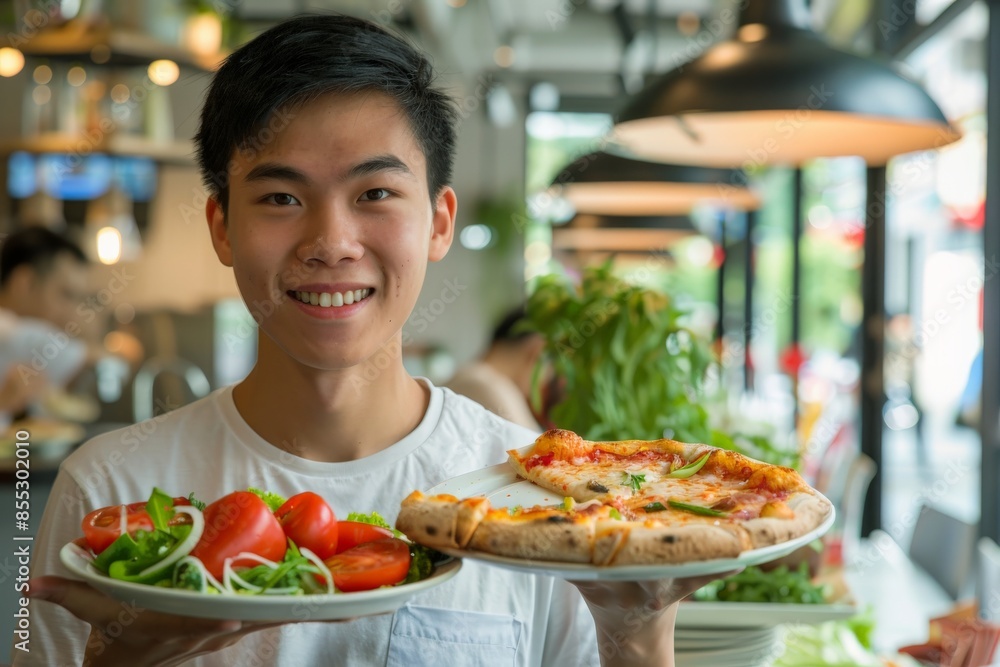 Young waiter smiling and holding plates with pizza and salad in restaurant Young waiter smiling and holding plates with pizza and salad in restaurant