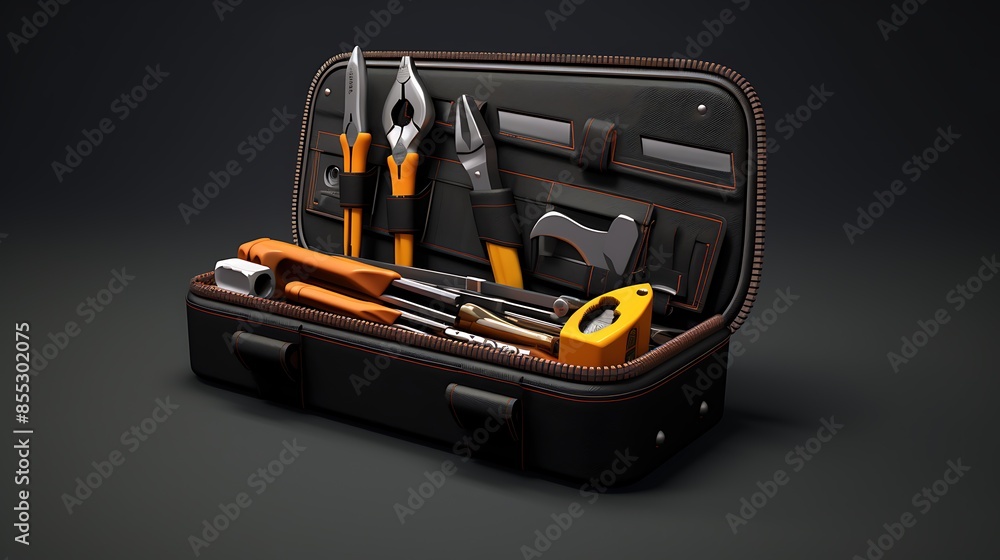 🧰 A set of tools in a black toolbox. The tools are neatly organized and include a hammer, pliers, wrench, screwdriver, and tape measure. 🧰 A set of tools in a black toolbox. The tools are neatly organized and include a hammer, pliers, wrench, screwdriver, and tape measure.