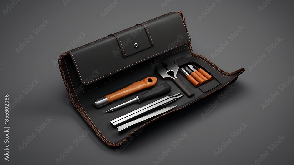 Black leather tool pouch containing a variety of tools including screwdrivers, wrenches, and a hammer. Black leather tool pouch containing a variety of tools including screwdrivers, wrenches, and a hammer.