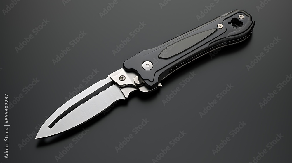 Black and silver metal folding knife with a partially serrated blade, open on a black background. Black and silver metal folding knife with a partially serrated blade, open on a black background.