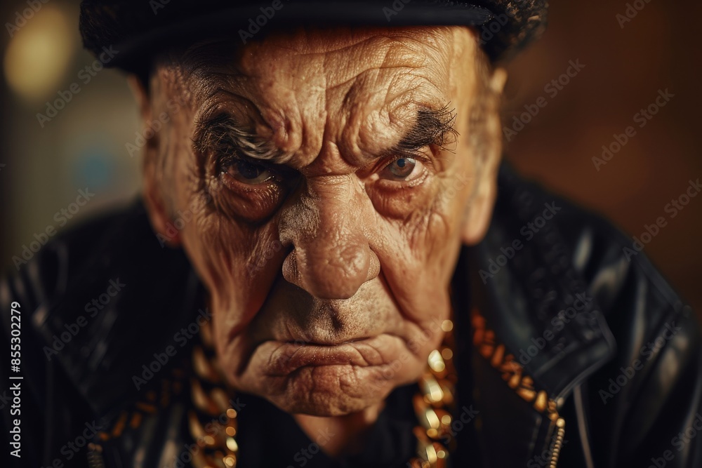 Senior man with serious expression wearing leather jacket and gold chain Senior man with serious expression wearing leather jacket and gold chain