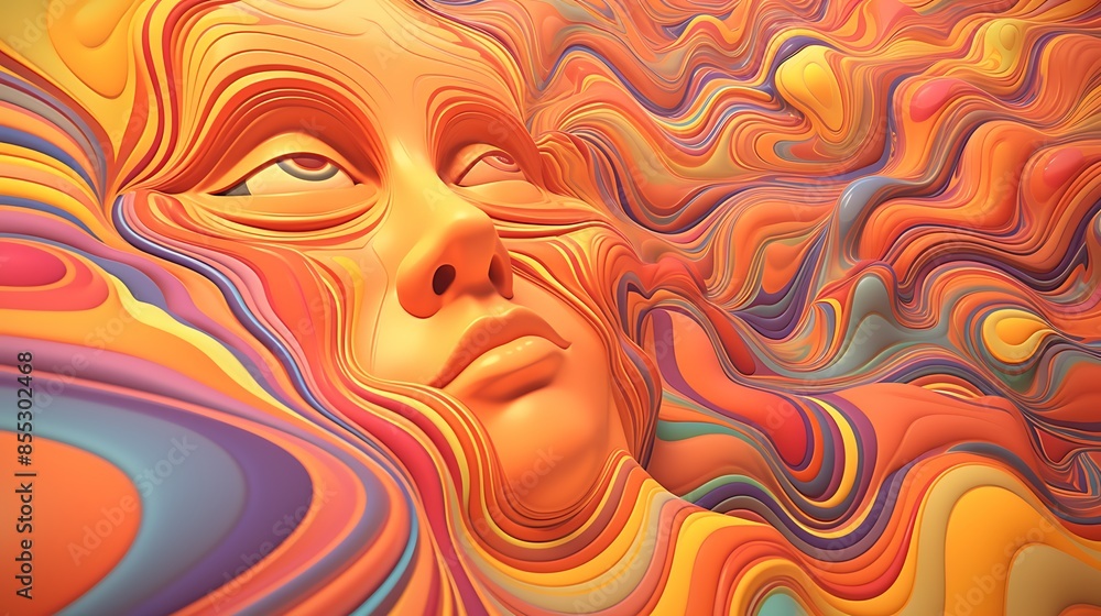 3D rendering of a woman's face with a colorful, wavy pattern. The face is calm and serene, with the eyes closed. 3D rendering of a woman's face with a colorful, wavy pattern. The face is calm and serene, with the eyes closed.