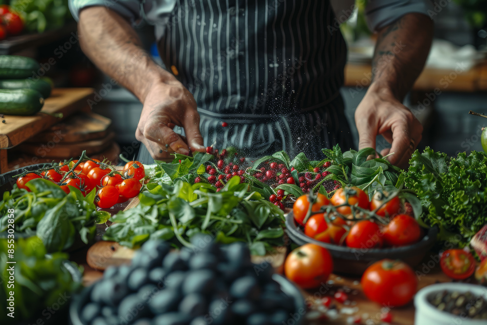 A chef preparing a fresh salad with organic ingredients, promoting healthy eating. Concept of nutrition and culinary art. Generative Ai. A chef preparing a fresh salad with organic ingredients, promoting healthy eating. Concept of nutrition and culinary art. Generative Ai.