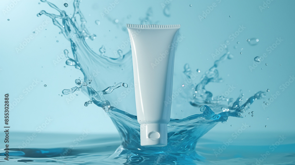 See the vibrant interaction of a white cosmetic cream tube with a splash of water, symbolizing the essence of pure, refreshing skincare. See the vibrant interaction of a white cosmetic cream tube with a splash of water, symbolizing the essence of pure, refreshing skincare.