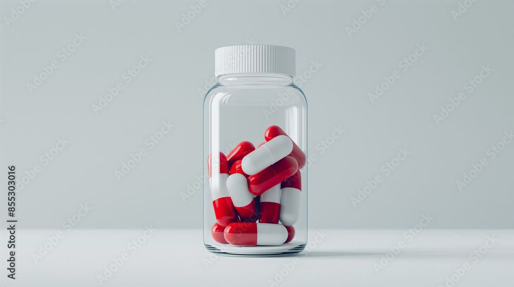 Witness the pristine arrangement of red and white capsules within a transparent bottle, the white background providing a sense of purity and hygiene. Witness the pristine arrangement of red and white capsules within a transparent bottle, the white background providing a sense of purity and hygiene.