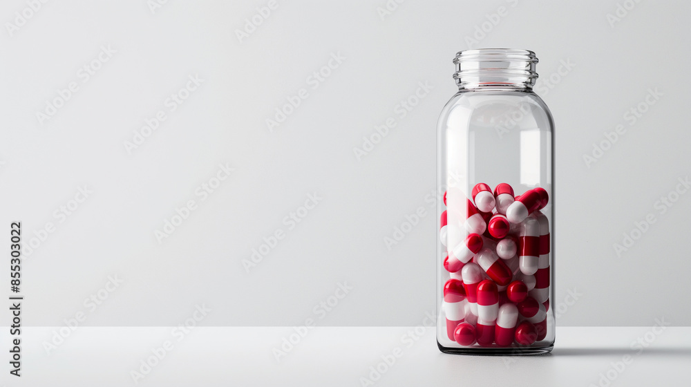 See the elegant simplicity of a transparent bottle filled with red and white medicine capsules, each detail sharply defined against the white background. See the elegant simplicity of a transparent bottle filled with red and white medicine capsules, each detail sharply defined against the white background.