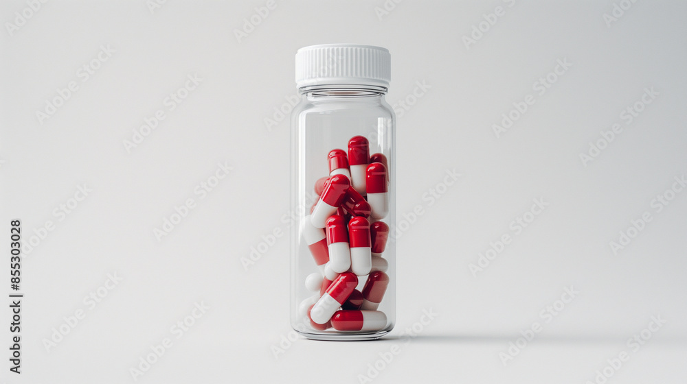 See the elegant simplicity of a transparent bottle filled with red and white medicine capsules, each detail sharply defined against the white background. See the elegant simplicity of a transparent bottle filled with red and white medicine capsules, each detail sharply defined against the white background.