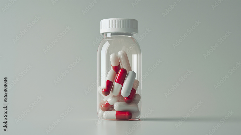 Experience the contrast of bright red and white capsules inside a clear bottle, the clean white backdrop highlighting their medical precision and effectiveness. Experience the contrast of bright red and white capsules inside a clear bottle, the clean white backdrop highlighting their medical precision and effectiveness.