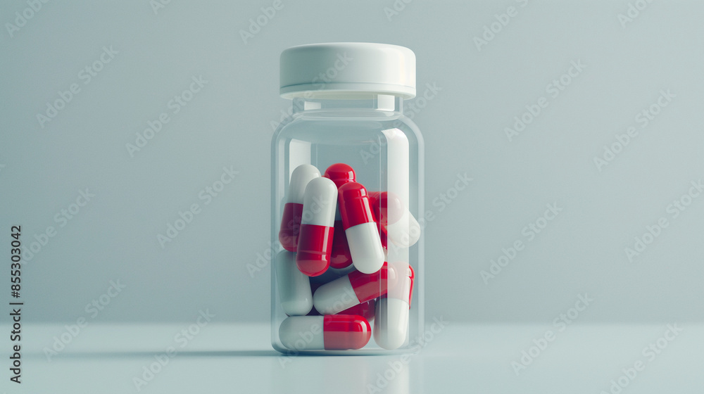 Experience the contrast of bright red and white capsules inside a clear bottle, the clean white backdrop highlighting their medical precision and effectiveness. Experience the contrast of bright red and white capsules inside a clear bottle, the clean white backdrop highlighting their medical precision and effectiveness.