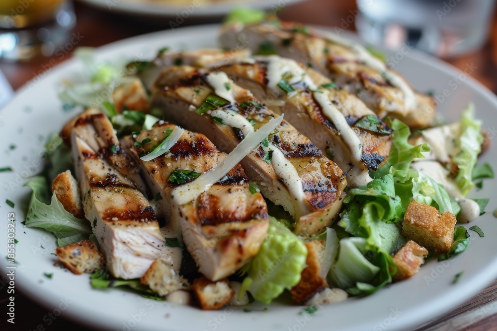 Grilled Chicken Caesar Salad with Romaine Lettuce, Parmesan, and Whole Grain Croutons Grilled Chicken Caesar Salad with Romaine Lettuce, Parmesan, and Whole Grain Croutons