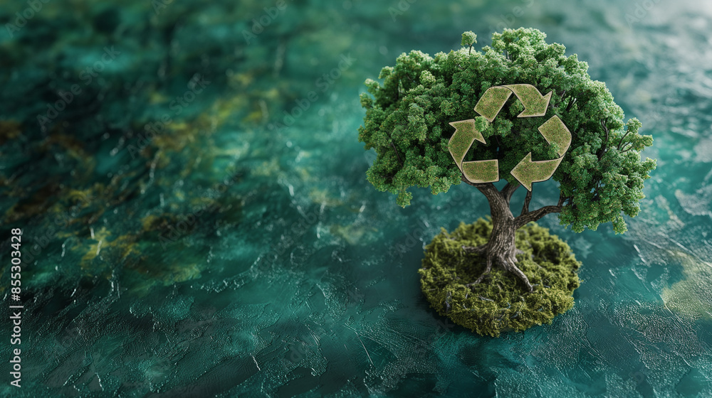 See the intricate design of a tree with a recycling logo at its roots ...