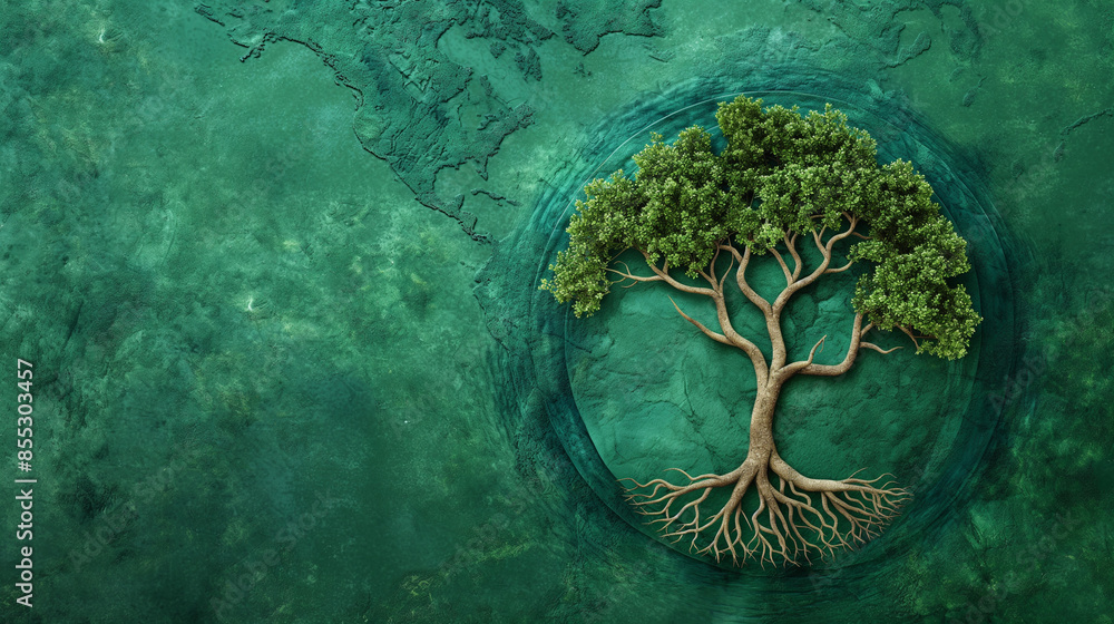See the intricate design of a tree with a recycling logo at its roots ...