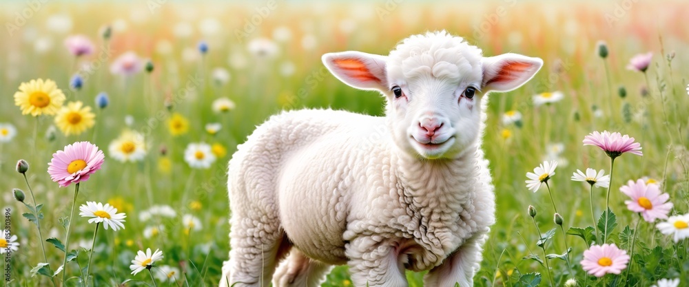 White sheep on green grass floral meadow White sheep on green grass floral meadow