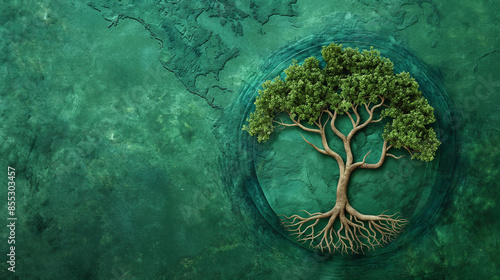 See the intricate design of a tree with a recycling logo at its roots, thriving on a green Earth, representing the global movement towards sustainable living and emission reduction