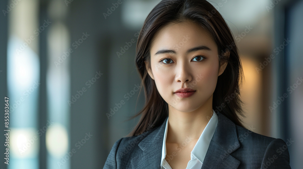 Capture the serene confidence of a young Asian businesswoman in a classic business suit, her professional attire and composed expression reflecting her success and authority. Capture the serene confidence of a young Asian businesswoman in a classic business suit, her professional attire and composed expression reflecting her success and authority.