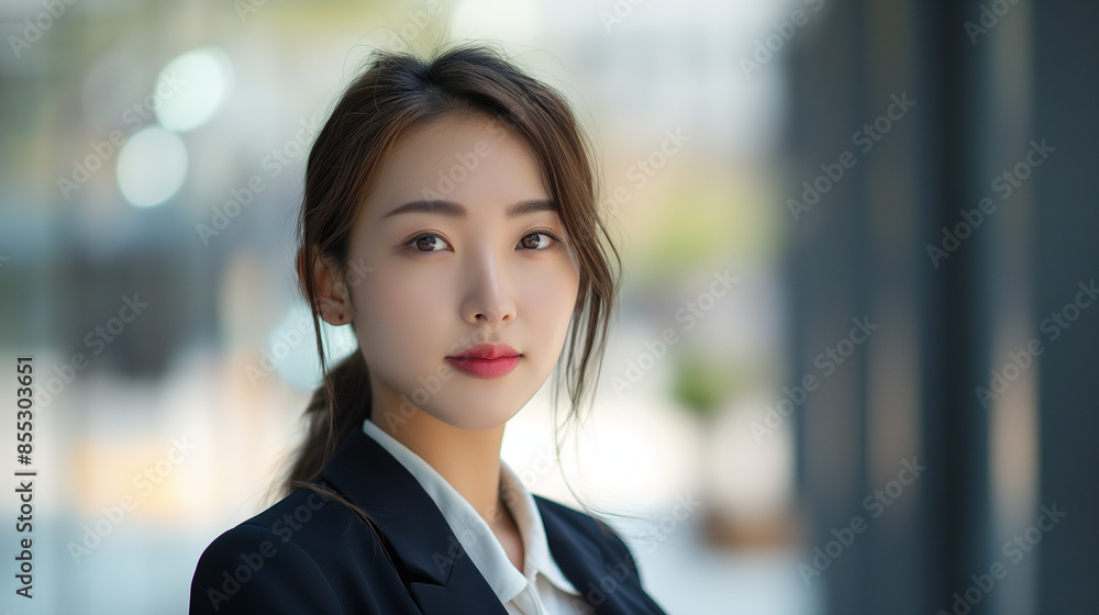 Capture the serene confidence of a young Asian businesswoman in a classic business suit, her professional attire and composed expression reflecting her success and authority. Capture the serene confidence of a young Asian businesswoman in a classic business suit, her professional attire and composed expression reflecting her success and authority.
