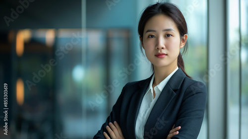 Wallpaper Mural See the powerful image of a young Asian businesswoman in a formal blazer and trousers, her confident stance and sharp look exemplifying her role as a successful professional in a c Torontodigital.ca