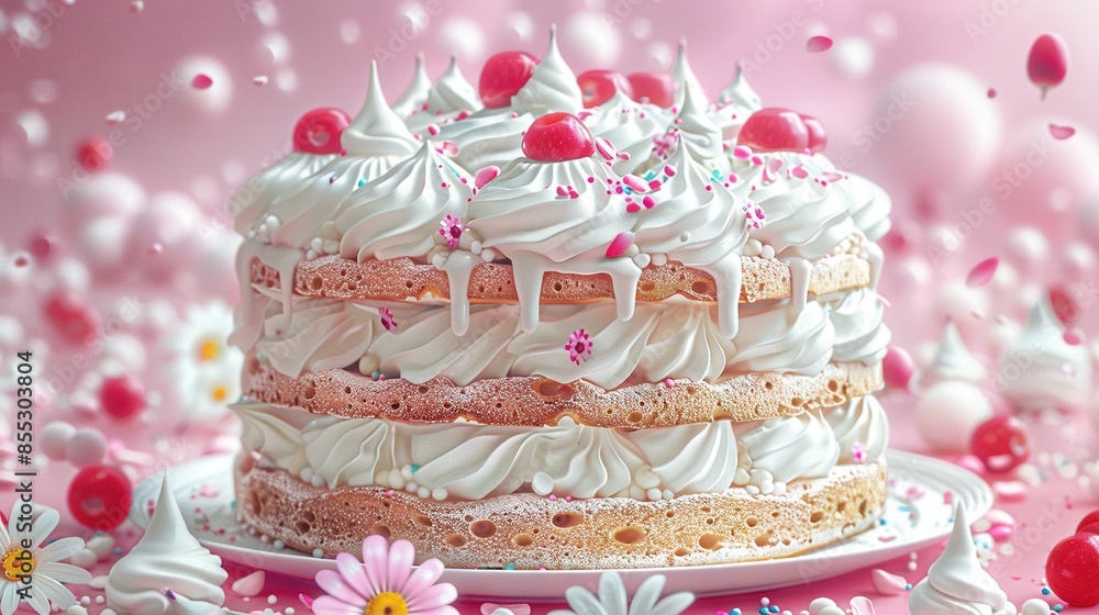 A photo captures a close-up view of a white-frosted cake on a plate surrounded by flowers and balloons A photo captures a close-up view of a white-frosted cake on a plate surrounded by flowers and balloons