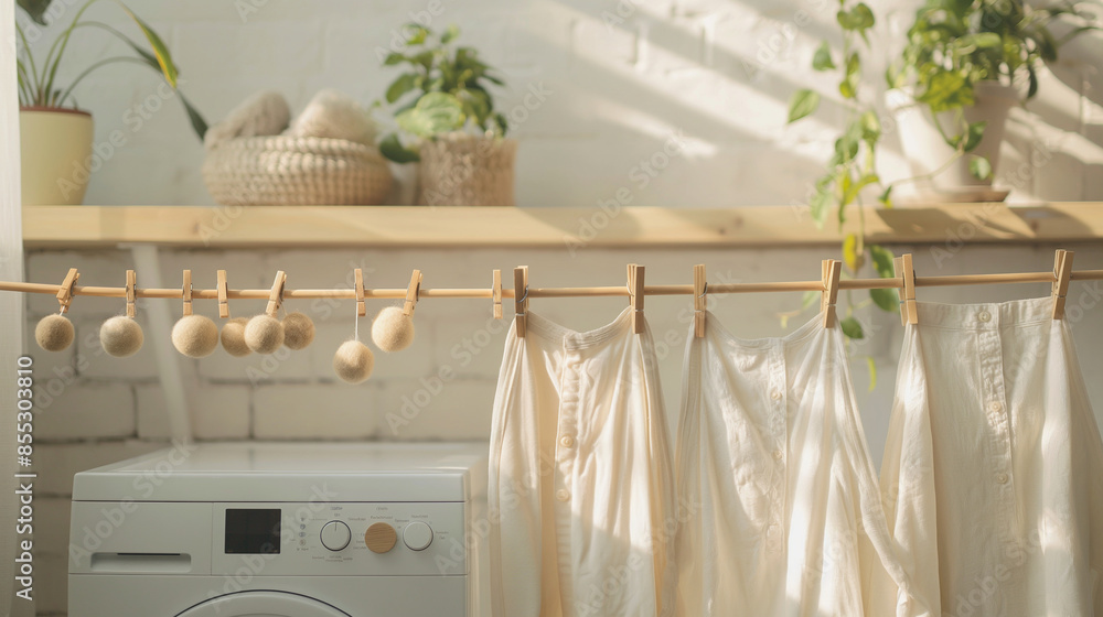 Witness the charm of an eco-friendly laundry room featuring wool dryer balls, biodegradable detergents, and clothespins, promoting responsible and mindful consumption. Witness the charm of an eco-friendly laundry room featuring wool dryer balls, biodegradable detergents, and clothespins, promoting responsible and mindful consumption.