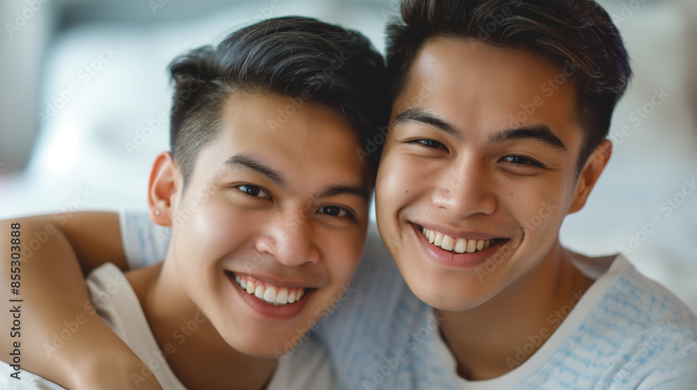 Capture the genuine happiness of a young Asian gay couple, their radiant smiles and joyful expressions highlighting their love and bond, against a soft, neutral background. Capture the genuine happiness of a young Asian gay couple, their radiant smiles and joyful expressions highlighting their love and bond, against a soft, neutral background.