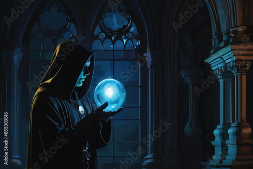 Halloween fairy tales. A beautiful young sorceress in a black hat and dress stands with a shining crystal ball in a dark vintage castle covered in cobweb.