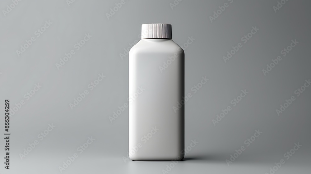 A simple product bottle mockup on a plain background. The bottle is white and has a white cap. It is sitting on a gray surface. A simple product bottle mockup on a plain background. The bottle is white and has a white cap. It is sitting on a gray surface.
