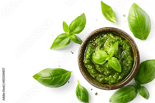 "Fresh and Tasty Pesto Sauce: Top View Isolated on White"