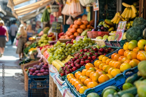 Vibrant Market Stall with Fresh Fruits and Vegetables for a Healthy DASH Diet © spyrakot