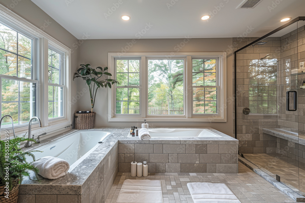 Spacious Gray Bathroom with Shower and Tub Spacious Gray Bathroom with Shower and Tub