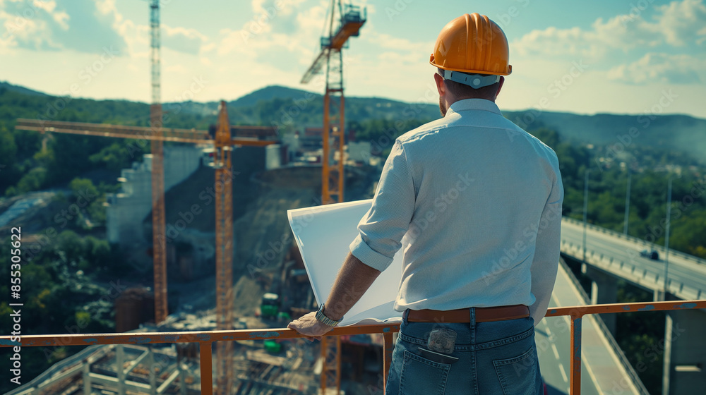 A skilled architect with blueprints in hand, safety helmet on, standing at the edge of a bridge, overseeing the construction site below A skilled architect with blueprints in hand, safety helmet on, standing at the edge of a bridge, overseeing the construction site below