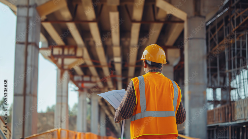 A civil engineer, donned in a safety helmet and reflective vest, holding a project plan while walking along the structure of a partially built bridge A civil engineer, donned in a safety helmet and reflective vest, holding a project plan while walking along the structure of a partially built bridge