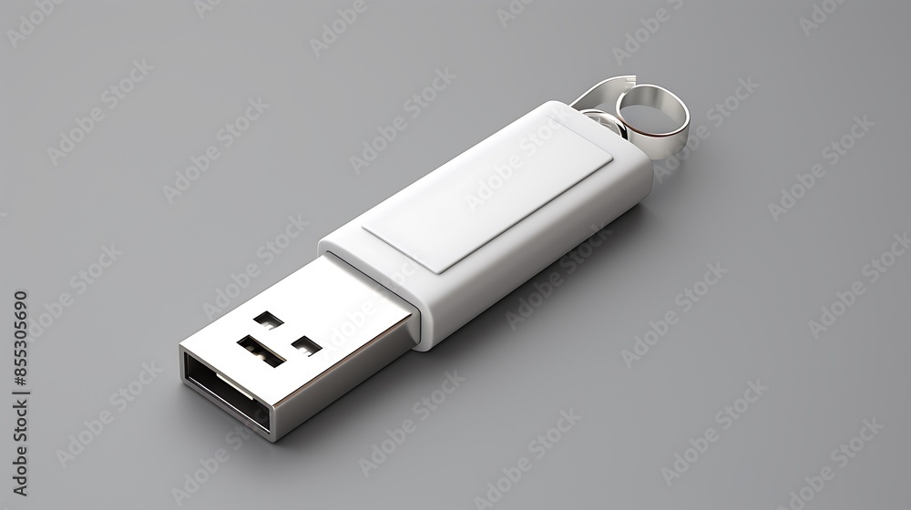 This is a 3D rendering of a white USB flash drive. It has a silver metal casing and a small loop at the end for attaching to a lanyard or keychain. This is a 3D rendering of a white USB flash drive. It has a silver metal casing and a small loop at the end for attaching to a lanyard or keychain.