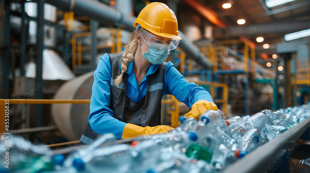 A dedicated worker at a waste recycling plant meticulously sorting plastic bottles on a conveyor belt, wearing protective gear and showing focused concentration A dedicated worker at a waste recycling plant meticulously sorting plastic bottles on a conveyor belt, wearing protective gear and showing focused concentration