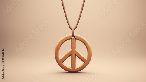 This is a 3D rendering of a peace sign pendant made of wood. The pendant is hanging from a brown cord. photo