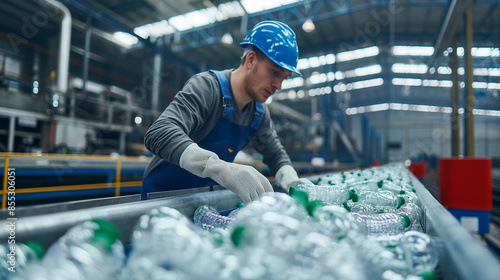 A meticulous recycling plant worker, wearing gloves and protective gear, expertly sorting plastic bottles on a conveyor belt under the watchful eye of quality control