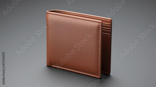 3D rendering of a brown leather wallet. The wallet is closed and has a smooth surface. It is isolated on a dark grey background. photo