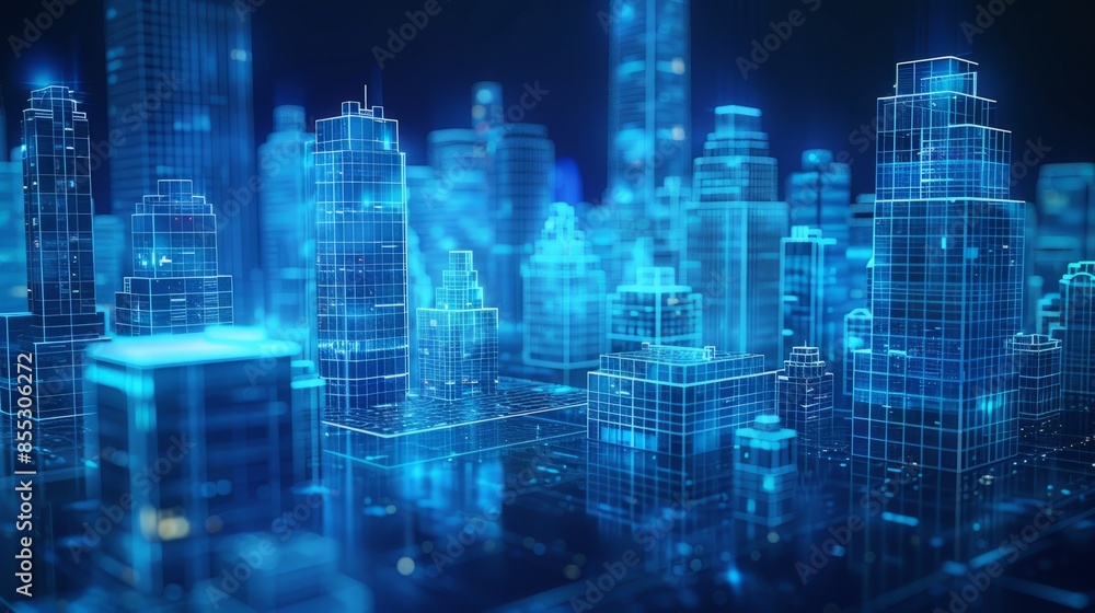 Neon Blueprint of Urban Progress, Complex 3D visualization of a city's digital infrastructure. Smart city concept. Modern technologies Neon Blueprint of Urban Progress, Complex 3D visualization of a city's digital infrastructure. Smart city concept. Modern technologies