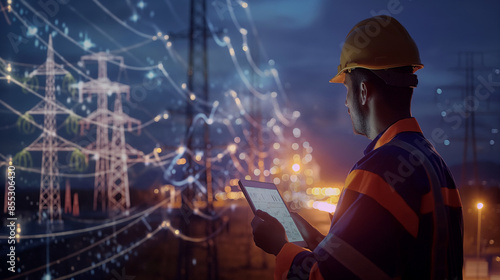 Observe engineers deep in analysis using digital tablets with energy distribution maps and efficiency analytics, illustrating their role in shaping the future of sustainable energy