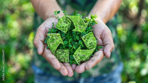 A close-up of hands holding a green recycling symbol made of leaves against a blurred background of greenery.