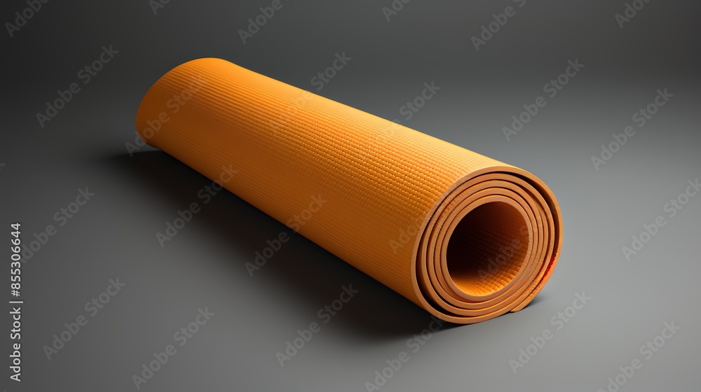 Rolled up orange yoga mat on a gray background. The mat is made of a thick, durable material and has a textured surface for added grip. Rolled up orange yoga mat on a gray background. The mat is made of a thick, durable material and has a textured surface for added grip.