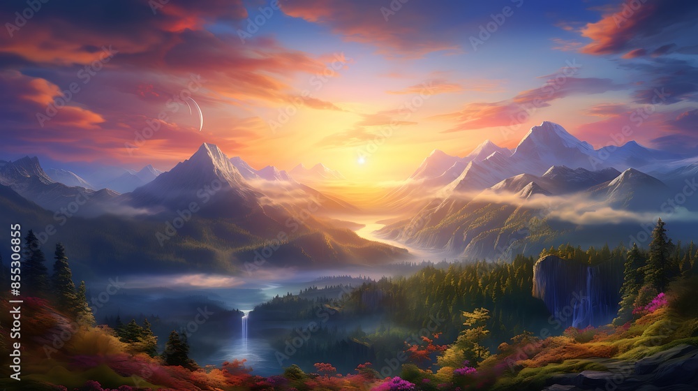 The image is a beautiful landscape of a mountain range at sunset. The sky and clouds are ablaze with color. The mountains are covered in snow. The image is a beautiful landscape of a mountain range at sunset. The sky and clouds are ablaze with color. The mountains are covered in snow.