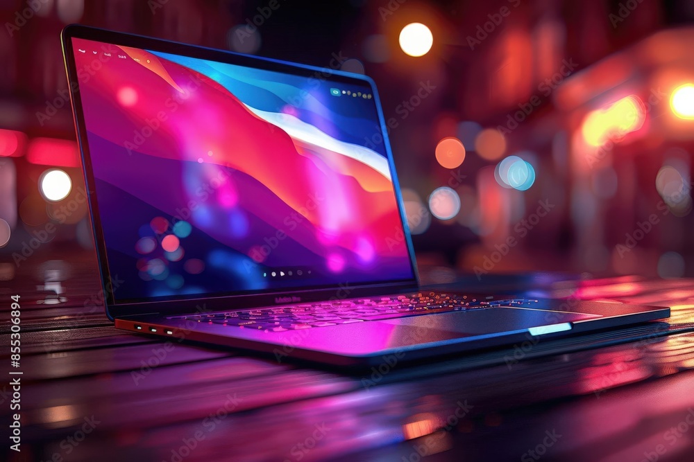 Close-up shot of a sleek laptop on a wooden table open with a shopping website interface displayed Close-up shot of a sleek laptop on a wooden table open with a shopping website interface displayed